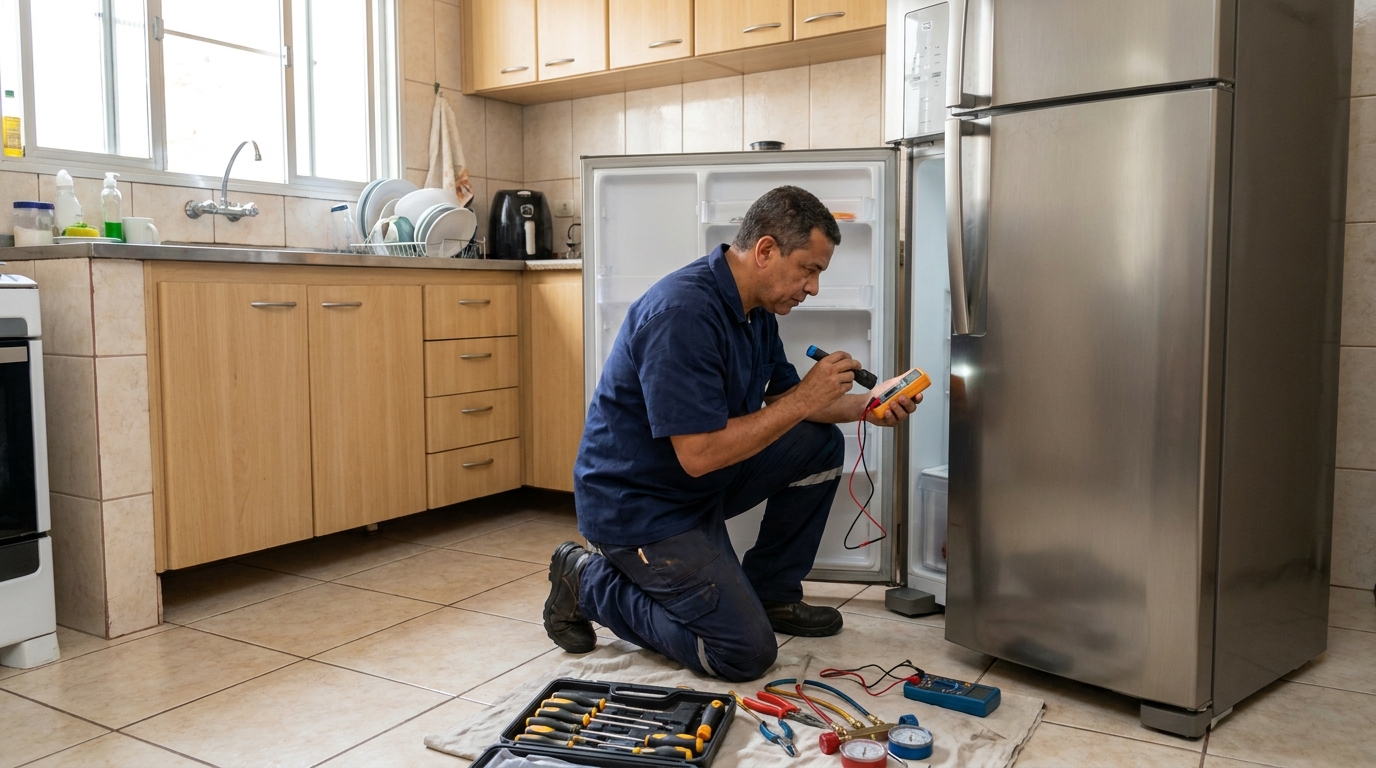 Técnico aplicando recarga de gás refrigerante em geladeira em Brasília‑DF