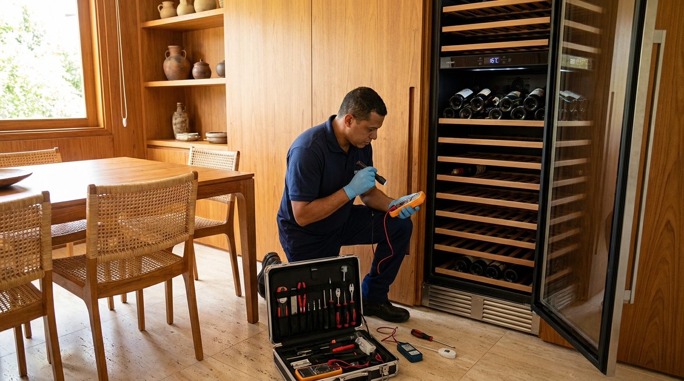 Substituição de termostato em adega climatizada em visita técnica em Brasília‑DF